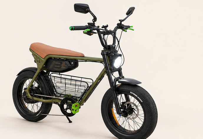 SUPER 73 ADVENTURE vert olive, vue trois-quarts studio